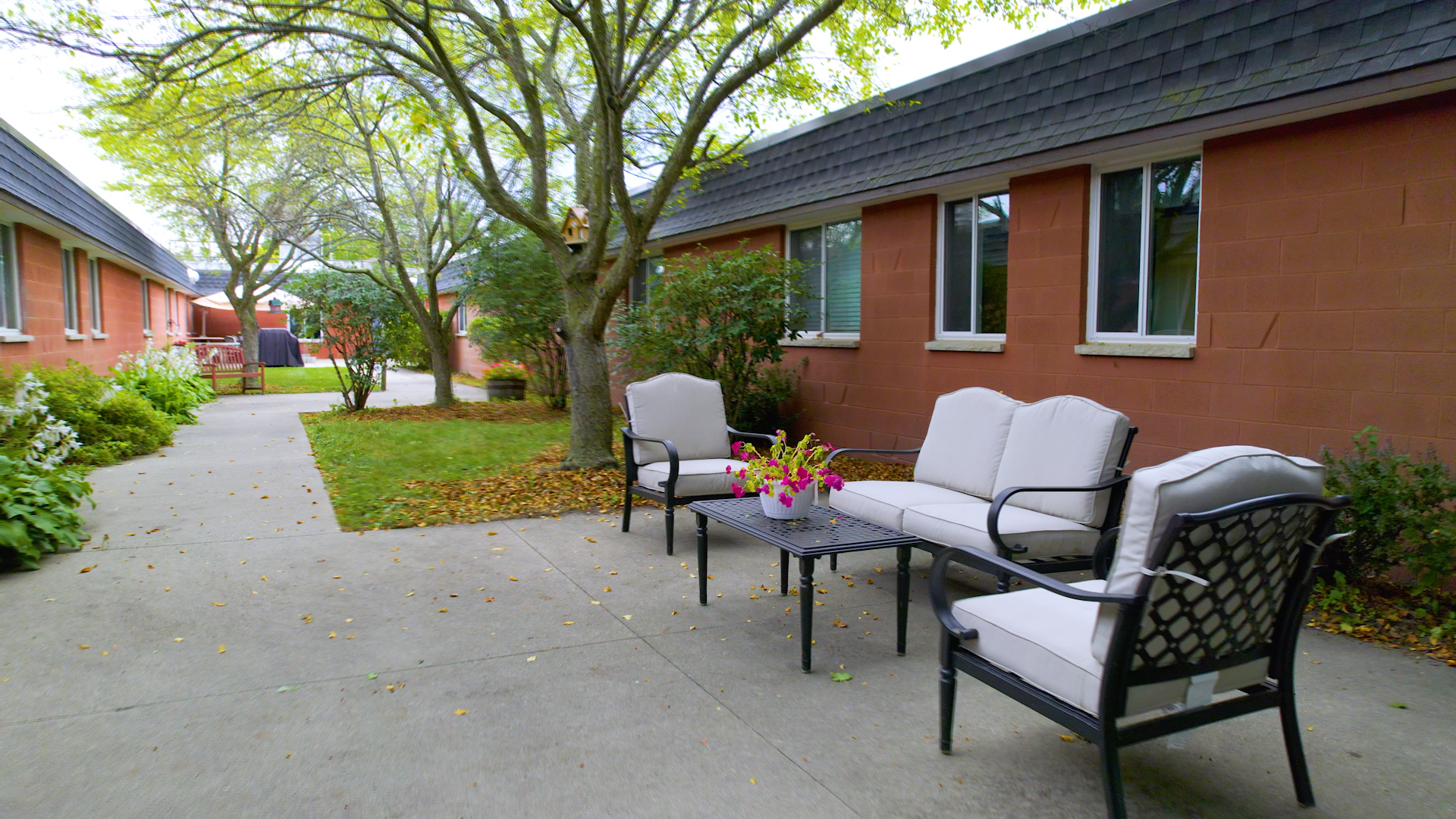 Table with flower vase and chairs in the patio. Trees and plants on the background.